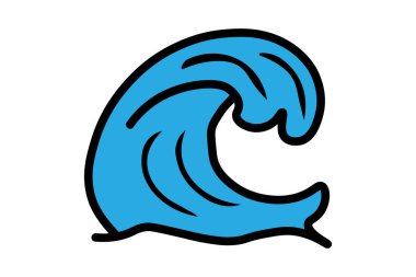 Bu resim bir okyanus dalgasının stilize edilmiş bir illüstrasyonunu gösteriyor. Dalga, koyu siyah çizgilerle parlak mavi renkte tasvir edilir. Basit ama çarpıcı bir çizgi film görüntüsü verir..