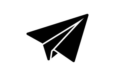 Görüntü siyah bir kağıt uçak ikonunu gösteriyor. Göndermeyi, göndermeyi veya mesajı temsil eden minimalist bir tasarım..