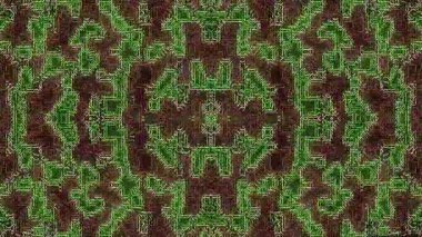 Bu video çarpıcı bir soyut desen, canlı yeşil ve kahverengi renkler, karmaşık tasarımlar ve geometrik şekiller içerir..