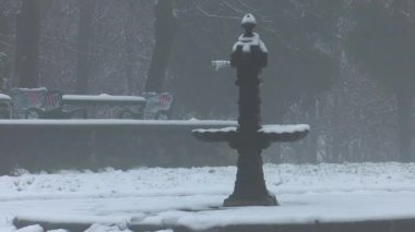 Bilbao, Bask Bölgesi 'ndeki Artxanda Dağı' nın beyaz karla kaplı güzel görüntüleri. Sahne, ender görülen bir kar yağışının sakin ve soğuk atmosferini yakalar. Ağaçları, yolları ve kışın gökyüzünün altındaki dağ manzarasını gösterir..