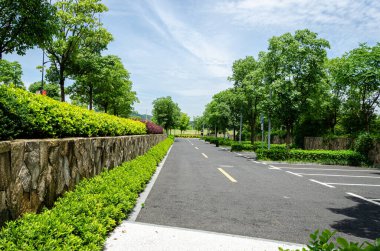 Temiz bir asfalt yol, yemyeşil bir parktan geçen sarı işaretli. Mavi bir gökyüzünün altında ağaçlar, çalılar ve taş duvarlarla çevrili, araba sürmek veya yürümek için huzurlu bir ortam sunuyor..