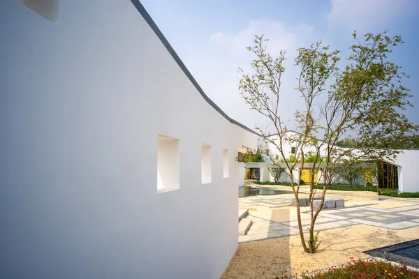 Çağdaş manzara mimarisi, kare pencereli beyaz kıvrımlı bir duvar ve mavi gökyüzünün altındaki çakıllı bir avluda bir ağaç içerir..
