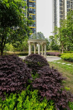 Ön planda canlı mor çalılar ve arka planda yüksek binalarla çevrili klasik bir taş çardak yapısı olan manzaralı bir bahçe sahnesi..