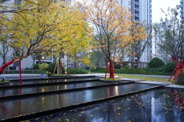 Çağdaş bir yerleşim bölgesinde mavi alacakaranlık gökyüzünü ve sonbahar sarı yapraklarını yansıtan katmanlı bir havuz. Resim, mavi saat sükuneti ve sofistike manzara tasarımını iletiyor. Doğal ışıklandırmalı yüksek kaliteli gerçek fotoğrafçılık.