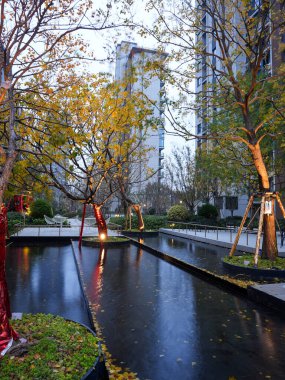 Su özelliğini yansıtan ve sakin bir avluda sıcacık aydınlatılmış sonbahar ağaçlarıyla dolu kıvrımlı bir yürüyüş yolu. Görüntü, huzurlu bir mahalle ve modern bir manzara tasarımı sunuyor. Doğal ışıklandırmalı yüksek kaliteli gerçek fotoğrafçılık.