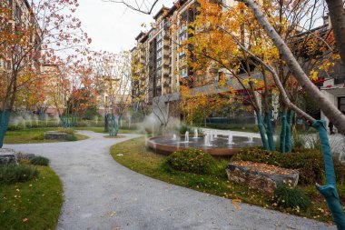 Kıvrımlı çakıllı yürüyüş yolu sisli bir bahçe boyunca gidiyor sonbahar ağaçları ve uzak bir çeşme ile. Görüntü, huzurlu bir mahalleyi ve huzurlu bir doğal ortamı temsil ediyor. Doğal ışıklandırmalı yüksek kaliteli gerçek fotoğrafçılık.