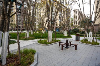 Eğri taşlı kaldırım yolu ve ağaçlarla çevrili ahşap banklar ve sakin bir avluda yeşil çimenler. Görüntü, huzurlu bir toplum ve rahatlatıcı bir yaşam tarzı sunuyor. Doğal ışıklandırmalı yüksek kaliteli gerçek fotoğrafçılık.