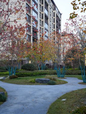 Kıvrımlı çakıl geçidinin dikey görüntüsü canlı sonbahar ağaçları ve yüksek konut binaları arasında yapay sisin içinde kayboluyor. Görüntü, şehir doğasını ve sakin bir toplumu yaşatıyor. Doğal ışıklandırmalı yüksek kaliteli gerçek fotoğrafçılık.