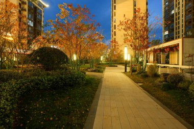 Taştan asfalt kaldırım, koyu mavi bir alacakaranlık gökyüzünün altında modern bir pavyona doğru uzanan ılık sonbahar yapraklarıyla kaplı. Görüntü zarif bir yaşam ve güzel mevsimsel manzara sunuyor. Doğal ışıklandırmalı yüksek kaliteli gerçek fotoğrafçılık.