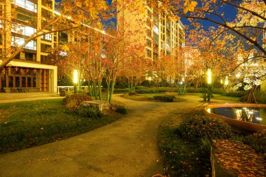 Kıvrımlı bir bahçe yolunun geniş bir manzarası parlayan sonbahar ağaçları ve alacakaranlıkta konut binalarıyla çevrili. İmaj, kentsel sükuneti ve ahenkli toplumu yaşatıyor. Doğal ışıklandırmalı yüksek kaliteli gerçek fotoğrafçılık.