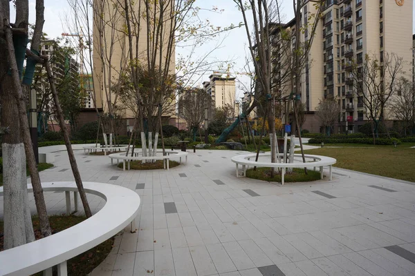 Asfaltlı bir avluda bir ağaç gövdesinin etrafına inşa edilmiş modern dairesel beyaz oturma düzeninin ayrıntılı görüntüsü. Görüntü çağdaş tasarım ve zarif açık hava mobilyalarını taşıyor. Doğal ışıklandırmalı yüksek kaliteli gerçek fotoğrafçılık.