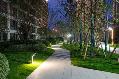 Uzun ve modern ışıklarla aydınlatılan, geceleri sakin bir yürüyüş deneyimi sağlayan, yerleşim parkında dolambaçlı, nazik bir yol. Görüntü barışçıl atmosfer, doğal güzellik, mimari tasarım ve toplumsal konfor taşır. Yüksek kalite gerçek p