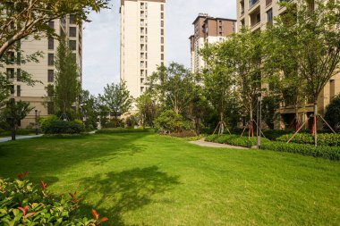 Ağaçlar ve modern apartmanlarla çevrili bir yerleşim yerindeki manikürlü yeşil çimlerin geniş ve parlak manzarası. Görüntü sağlık, toplum alanı, açıklık ve barışçıl açık hava aktivitelerini aktarıyor. Sığ ve yüksek kaliteli gerçek fotoğrafçılık