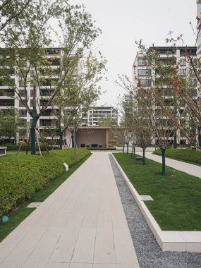 Canlı yeşil çitler ve sakin bir bahçedeki ağaçlar tarafından çerçevelenmiş uzun bir taş patika. Görüntü uyumu, yürüyüşü, sükuneti ve doğal şehir yaşamını aktarıyor. Sığ alan derinliğine sahip yüksek kaliteli gerçek fotoğrafçılık.