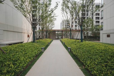 Kalın ve canlı çalılarla çevrili, modern mimari yapıya doğru uzanan temiz bir taş yol. Görüntü basitliği, sakinliği, tasarım dengesini ve bilinçli hareketi iletir. Sığ alan derinliğine sahip yüksek kaliteli gerçek fotoğrafçılık.