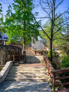 Geleneksel bir taş yolun dikey görüntüsü ve canlı yeşil yapraklı dağ ormanlarından geçen ahşap korkuluklar..