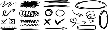 Vektör illüstrasyonu: web tasarımı ve reklam için el çizimi karalamalar ve çizim elemanları. doğru, daire, haç, işaret, ok, çapraz çizgiler, dalgalı çizgi, kalp oku sembolü izole