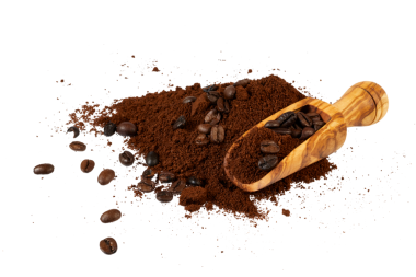 pile of grinded coffee powder with coffee beans isolated on white or transparent png