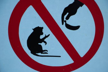 Hayvanları beslemeyin. Maymun silueti ve içki yasağı sembolü ile imzalayın. Ziyaretçileri vahşi yaşamı ve doğal davranışı korumaları konusunda uyarın..