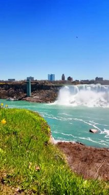 Niyagara Şelalesi 'nde açık bir günde açık güneş ışığı altında mavi gökyüzü ve manzaralı bir çevrede su güçlü bir şekilde akar..