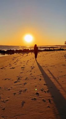 Gün batımında sahil yürüyüşü. Altın gün batımında sahilde yalınayak yürüyen bir kadın..