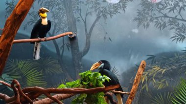 İki boynuz gagalı kuş ormanın arka planında dallara tünemiş. Tropikal boynuz gagaları ahşap tüneklerin üzerinde oturuyorlar. Etrafı boyanmış orman zeminleri ve yeşil yapraklarla çevrili..