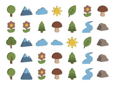 Arkaplanda izole edilmiş doğa simgeleri, düz biçim vektör çizimi