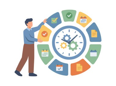 Saati Saat Simgeleri ile Yöneten Adam.