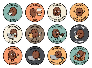 Kahve çekirdeği çizgi film ikonu seti.