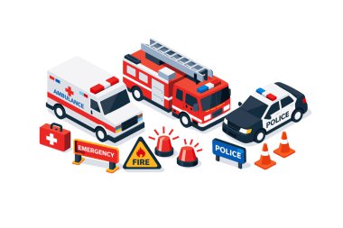 Ambulans acil servis kompozisyonu. Çizgi film karakterleri ambulans kamyonu ve acil durum vektör illüstrasyonu.