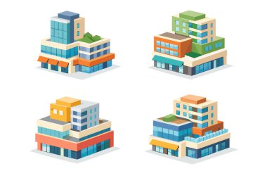 İzometrik şehir binaları kuruldu. vektör illüstrasyonu.