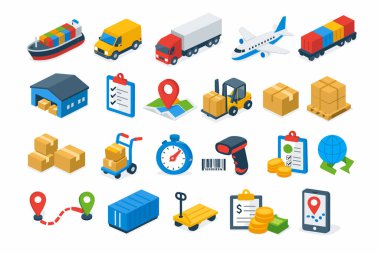 lojistik ve lojistik simgeleri ayarlandı, izometrik 3d biçimi