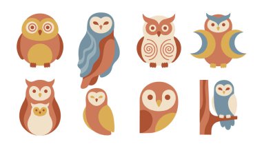 Sevimli baykuş çizgi film karakterleri seti.