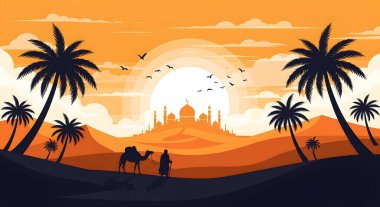 Desert Oasis Günbatımı İslami Cami Silüeti Yolculuğu