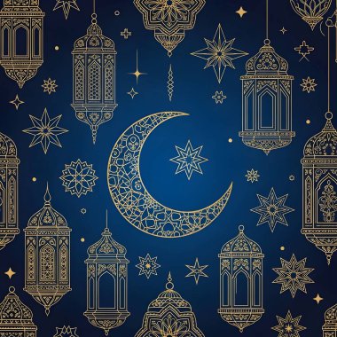 Ay ve Yıldızlarla Zarif Altın İslami Şablon