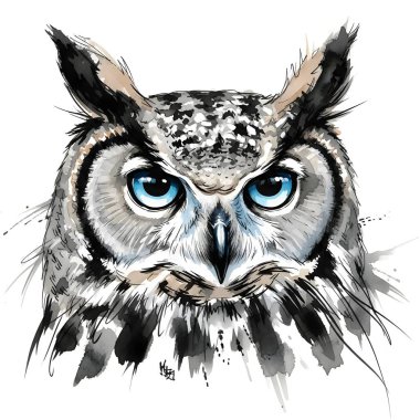 Görkemli Bilge Baykuş Kafa Sanatsal Suluboya Resim Çizimi