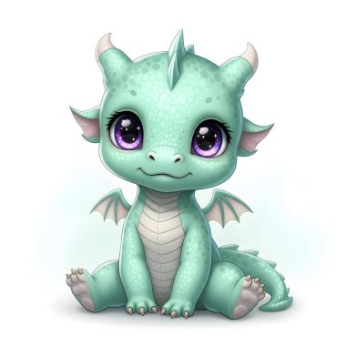 Şirin Yeşil Ejder Bebek Büyük Mor Gözleriyle Mutlu Bir şekilde Oturuyor