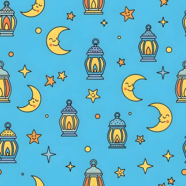 Şirin Çizgi Fenerler Aylar Yıldızlar Kusursuz Şablon Mavi Gökyüzü