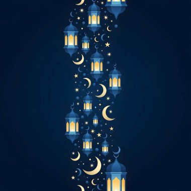 Zarif İslami Fenerler ve Altın Ay Gece Gökyüzü Şablonu Tasarımı