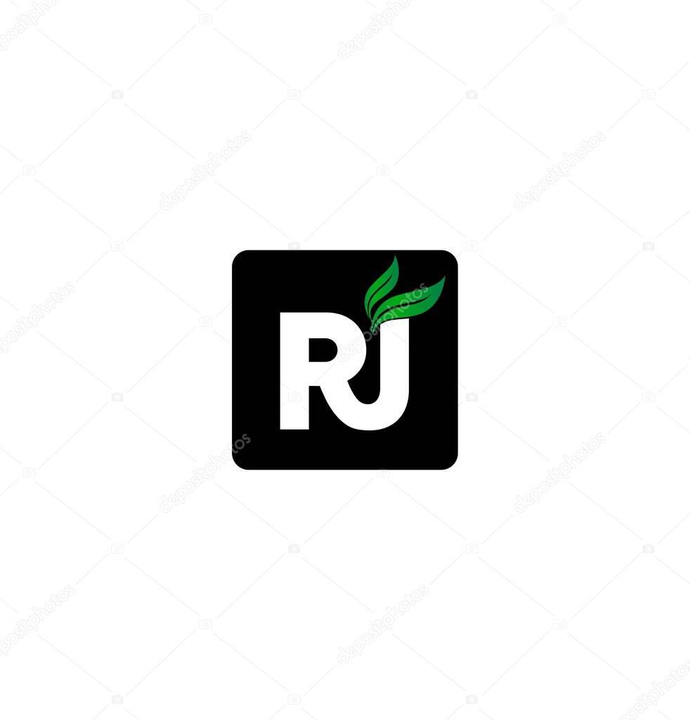 RJ letters with green leaves. RJ monogram and green leaves.
