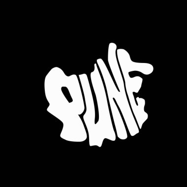 Pune Pune 'un harita şeklinde yazılmış. Siyah arkaplanda Pune harfleri.