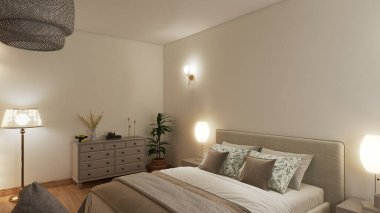 Modern minimalist oturma odası iç mimarisi derin deniz mavisi aksanlı duvar beyaz bölmeli kanepe ve üç ayaklı lamba 3D