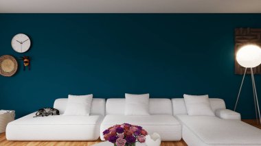 Modern minimalist oturma odası iç mimarisi derin deniz mavisi aksanlı duvar beyaz bölmeli kanepe ve üç ayaklı lamba 3D