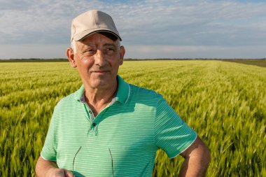 Gülümseyen yaşlı çiftçinin portresi buğday tarlasında duruyor..