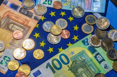 Avrupa Birliği bayrağı, seçici odak noktası. Avro para birimi banknotları ve madeni para geçmişi, Avrupa Birliği ülkelerinde kullanılan Euro banknotları.