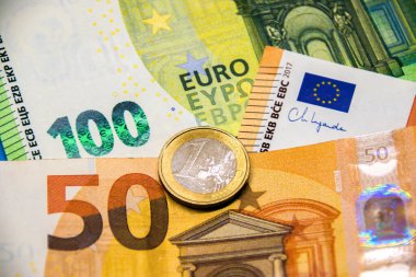 Euro parası kapanış, seçici odaklanma. Euro para birimi geçmişi, Avrupa Birliği ülkelerinde kullanılan Euro banknotları.