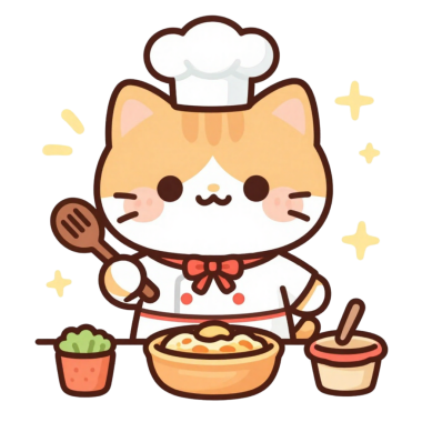 Sevimli çizgi film kedisi şefi kaşık ve kase ile