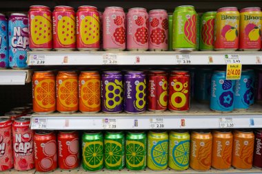 Poppi, a prebiotic soda, drinks on the shelves inside a Smith's grocery store in Albuquerque, NM, USA