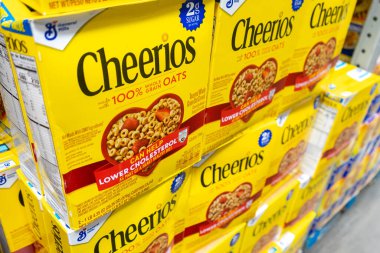 Close view of boxes of Cheerios breakfast cereal inside a Sam's Club supermarket