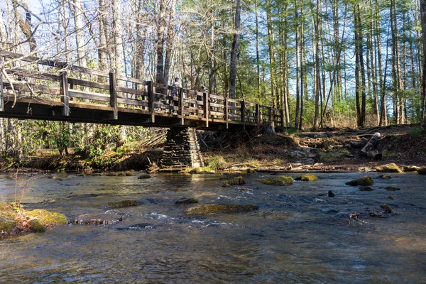 Yürüyüş yolunun başlangıcında nehrin üzerindeki bir köprü. Amerika Birleşik Devletleri 'nin Tennessee kentindeki Great Smoky Dağları Ulusal Parkı' nın Cades Cove bölgesindeki Abrams Falls şelalesine.